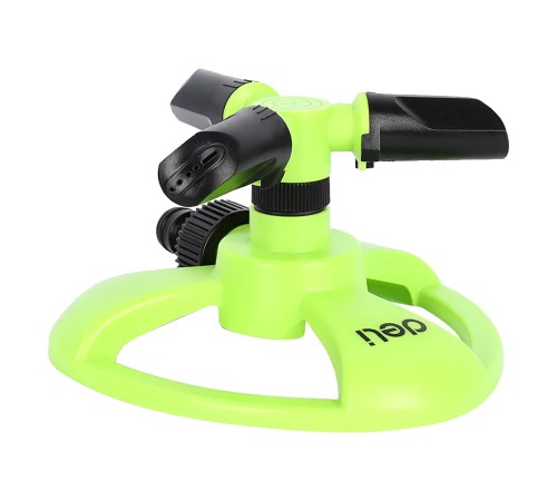 Дождеватель-разбрызгиватель круговой вращающийся 3-х сопловый Deli DL581301 2 режима распыления, площадь орошения до 310кв.м, диаметр шланга 3/4", корпус из ударопрочного пластика