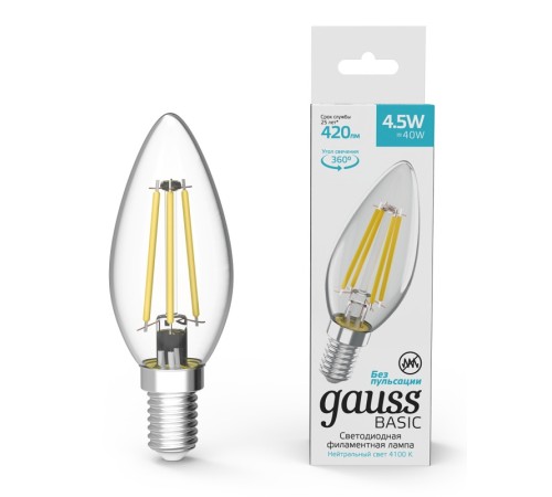 Лампа светодиодная Gauss Basic 1031215 4.5Вт цок.:E14 свеча 220B 4100K св.свеч.бел.нейт. (1 шт.) Лампа светодиодная Gauss Basic 1031215 4.5Вт цок.:E14 свеча 220B 4100K св.свеч.бел.нейт. (1 шт.)