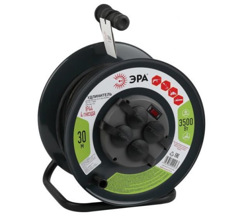 Удлинитель силовой Эра RMx-4es-3x1.5-30m-IP44 (Б0046850) 3x1.5кв.мм 4розет. 30м ПВС 16A метал.катушка оранжевый