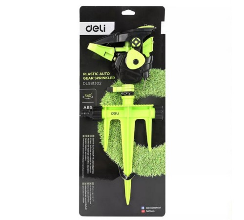 Дождеватель-разбрызгиватель импульсный на 3-х пиках Deli DL581302 площадь орошения до 490кв.м, сектор полива 0-360 град, диаметр шланга 3/4", корпус из ударопрочного пластика