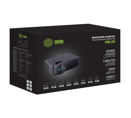 Проектор Cactus CS-PRE.05B.WXGA LCD 1800Lm LS 180Lm ANSI (1280x720) 1500:1 ресурс лампы:30000часов 1xUSB typeA 2xHDMI 1.75кг