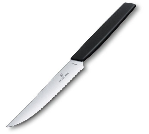 Нож кухонный Victorinox Swiss Modern (6.9003.12W) стальной столовый для стейка лезв.120мм серрейт. заточка черный Нож кухонный Victorinox Swiss Modern (6.9003.12W) стальной столовый для стейка лезв.120мм серрейт. заточка черный