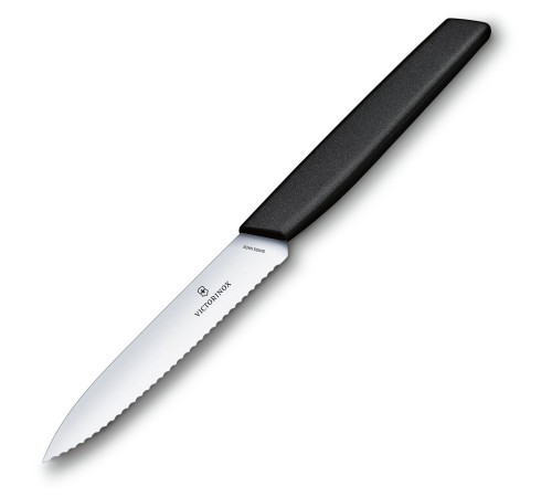 Нож кухонный Victorinox Swiss Modern (6.9003.10W) стальной универсальный лезв.100мм серрейт. заточка черный Нож кухонный Victorinox Swiss Modern (6.9003.10W) стальной универсальный лезв.100мм серрейт. заточка черный