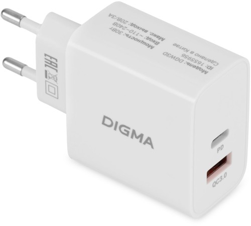 Сетевое зар./устр. Digma DGW3D 30W 3A (PD+QC) USB-C/USB-A универсальное белый (DGW3D0F110WH) Сетевое зар./устр. Digma DGW3D 30W 3A (PD+QC) USB-C/USB-A универсальное белый (DGW3D0F110WH)