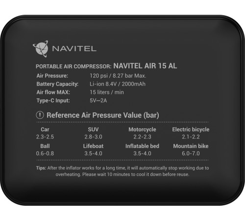 Автомобильный компрессор Navitel AIR 15 AL 15л/мин шланг 0.26м Автомобильный компрессор Navitel AIR 15 AL 15л/мин шланг 0.26м