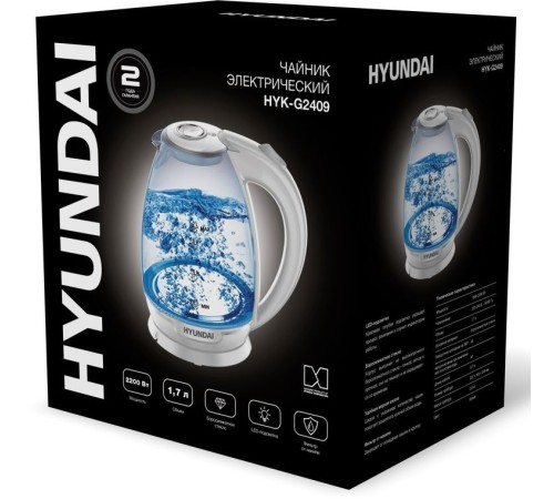 Чайник электрический Hyundai HYK-G2409 1.7л. 2200Вт белый/серебристый корпус: стекло/пластик Чайник электрический Hyundai HYK-G2409 1.7л. 2200Вт белый/серебристый корпус: стекло/пластик