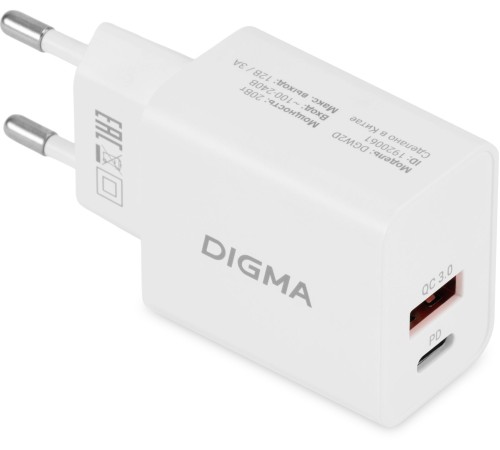 Сетевое зар./устр. Digma DGW2D 20W 3A+1A (PD+QC) USB-C/USB-A универсальное белый (DGW2D0F110WH) Сетевое зар./устр. Digma DGW2D 20W 3A+1A (PD+QC) USB-C/USB-A универсальное белый (DGW2D0F110WH)