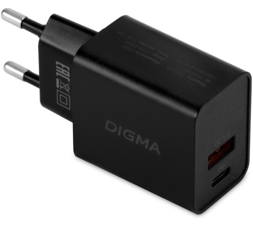 Сетевое зар./устр. Digma DGW2D 20W 3A+1A (PD+QC) USB-C/USB-A универсальное черный (DGW2D0F110BK) Сетевое зар./устр. Digma DGW2D 20W 3A+1A (PD+QC) USB-C/USB-A универсальное черный (DGW2D0F110BK)