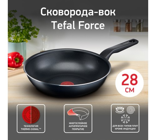 Сковорода ВОК (WOK) Tefal Force 4218628 круглая 28см покрытие: антипригарное ручка несъемная (без крышки) черный (9100048319)