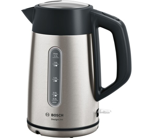 Чайник электрический Bosch TWK4P 1.7л. 2400Вт нержавеющая сталь/черный корпус: металл/пластик (TWK4P440)