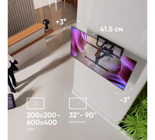 Кронштейн ONKRON/ 32-90" макс 400*600 наклон -5°/+10°, поворот ±45° Макс нагрузка 50кг, от стены 34-415мм, черный Кронштейн ONKRON/ 32-90" макс 400*600 наклон -5°/+10°, поворот ±45° Макс нагрузка 50кг, от стены 34-415мм, черный