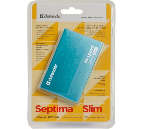 Defender Универсальный USB разветвитель Septima Slim USB2.0, 7портов,блок питания2A