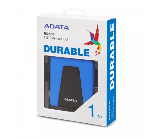Внешний жесткий диск/ Portable HDD 1TB ADATA HD650 (Blue), Silicone, USB 3.2 Gen1, 121x81x21mm, 201g /3 года/