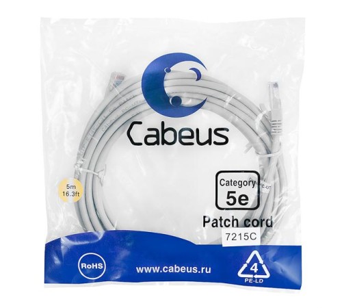 Патч-корд Cabeus PC-UTP-RJ45-Cat.5e-5m Патч-корд U/UTP, категория 5е, 2xRJ45/8p8c, неэкранированный, серый, PVC, 5м
