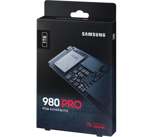 Твердотельные накопители/ Samsung SSD 980 PRO, 1000GB, M.2(22x80mm), NVMe 1.3c, PCIe 4.0 x4, 3-bit MLC, R/W 7000/5000MB/s, IOPs 1 000 000/1 000 000, DRAM buffer 1024MB, TBW 600, DWPD 0.33, with Heatsink (12 мес.)