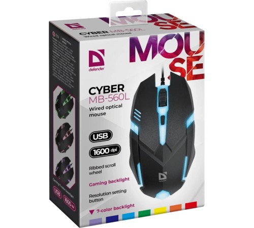 Проводная оптическая мышь Defender 52560 Cyber MB-560L 7цветов,4кнопки,1600dpi,черный Проводная оптическая мышь Defender 52560 Cyber MB-560L 7цветов,4кнопки,1600dpi,черный