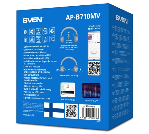 Беспроводные стереонаушники с микрофоном SVEN AP-B710MV, серый (Bluetooth, ANC, APP, 3 mics, 500mAh)