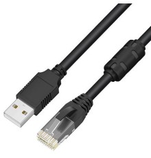 GCR Кабель консольный 2.0m USB 2.0, AM/RJ45 (10P10C), черно-прозрачный, ферритовое кольцо, 28/24 AWG, экран, армированный