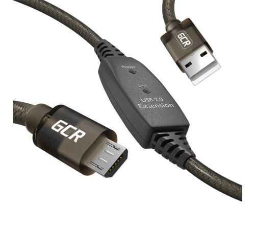 GCR Кабель активный 10.0m USB 2.0, AM/microB, черно-прозрачный, с усилителем сигнала, разъём для доп.питания, 28/24 AWG, GCR-53813