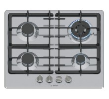 Встраиваемая газовая панель BOSCH Serie 4, газовая варочная панель, 60см, нержавеющая сталь, 4 конфорки,1 WOK-конфорка c 2 контурами пламени, составные чугунные решетки, газ-контроль, автоматический электроподжиг, сделано в Испании