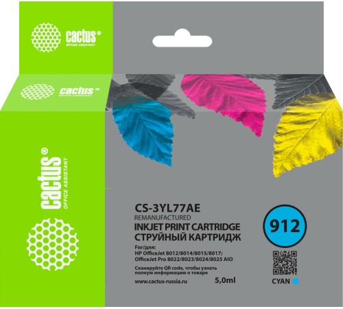 -/ Картридж струйный Cactus CS-3YL77AE 912 голубой (5мл) для HP OfficeJet 8010/8012/8013/8014/8015/8020