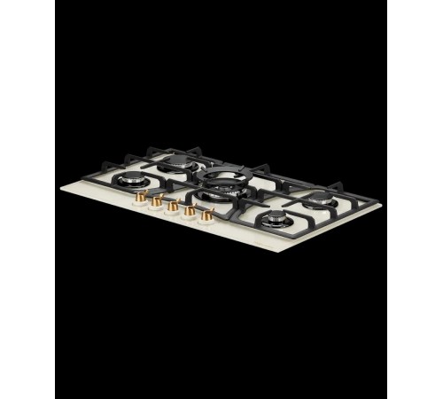 Газовая варочная поверхность Kuppersberg/ Газовая варочная поверхность, закаленное стекло, ширина 90 см, 5 газовых конфорок, WOK конфорка(4,2 кВт), автоподжиг, газ-контроль, чугунные решетки, Коллекция Classic, Цвет бежевый, Цвет фурнитуры бронзовый