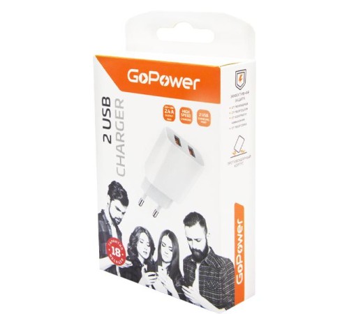Сетевое З/У GoPower GP2U 2USB 2.4A 12W белый (1/108) Сетевое З/У GoPower GP2U 2USB 2.4A 12W белый (1/108)