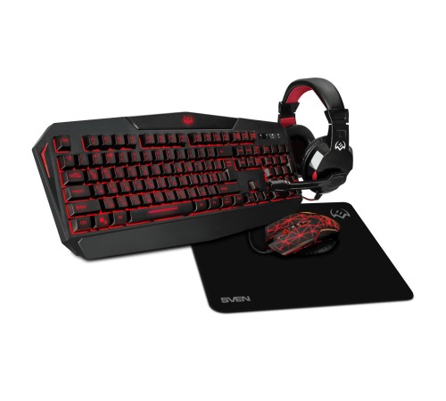 Игровой набор клавиатура+мышь+гарнитура+коврик SVEN GS-4300 (104 кл.+12Fn, 8 смен. кл., 200-4800DPI) Игровой набор клавиатура+мышь+гарнитура+коврик SVEN GS-4300 (104 кл.+12Fn, 8 смен. кл., 200-4800DPI)