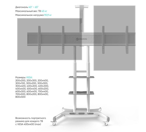 ONKRON мобильная стойка для ТВ 50"-86", макс 105.9кг, белая TS1881 ONKRON мобильная стойка для ТВ 50"-86", макс 105.9кг, белая TS1881