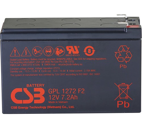 Батарея CSB серия GP, GPL1272 F2 FR, напряжение 12В, емкость 7.2Ач (разряд 20 часов), макс. ток разряда (5 сек.) 130А, ток короткого замыкания 265А, макс. ток заряда 2.16A, свинцово-кислотная типа AGM, клеммы F2, ДxШxВ 150.9x64.8x98.6мм., вес 2.6кг., срок Батарея CSB серия GP, GPL1272 F2 FR, напряжение 12В, емкость 7.2Ач (разряд 20 часов), макс. ток разряда (5 сек.) 130А, ток короткого замыкания 265А, макс. ток заряда 2.16A, свинцово-кислотная типа AGM, клеммы F2, ДxШxВ 150.9x64.8x98.6мм., вес 2.6кг., срок