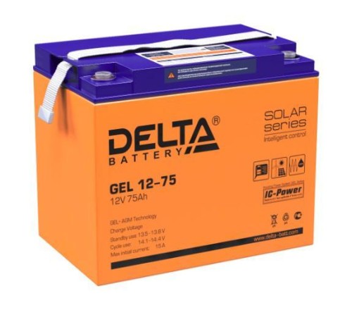 Батарея DELTA серия GEL, GEL 12-75, напряжение 12В, емкость 75Ач (разряд 10 часов),  макс. ток разряда (5 сек.) 700А, макс. ток заряда 15А, свинцово-кислотная типа AGM+GEL, клеммы под болт М6, ДxШxВ 260х168х219мм., вес 23кг., LCD, срок службы 10-12 лет./