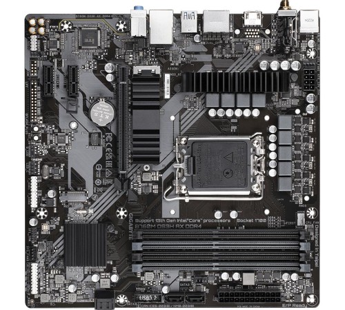 Материнская плата/ MB GIGABYTE INTEL B760 s1700, 4xDDR4(128GB), HDMI 2.0/2xDP, 1xPCIe 4.0x16, 2xPCIe 3.0, 1xLAN (2.5GbE), Wi-Fi, BT, 4xSATA 6Gb/s, 2xM.2, 1xUSB-C, 3xUSB 3.2, 2xUSB 2.0, mATX Материнская плата/ MB GIGABYTE INTEL B760 s1700, 4xDDR4(128GB), HDMI 2.0/2xDP, 1xPCIe 4.0x16, 2xPCIe 3.0, 1xLAN (2.5GbE), Wi-Fi, BT, 4xSATA 6Gb/s, 2xM.2, 1xUSB-C, 3xUSB 3.2, 2xUSB 2.0, mATX