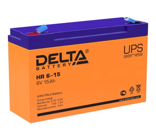 Батарея DELTA серия HR, HR 6-15, напряжение 6В, емкость 15Ач (разряд 20 часов), макс. ток разряда (5 сек.) 180А, макс. ток заряда 4.5А, свинцово-кислотная типа AGM, клеммы F1, ДxШxВ 151х50х94мм., вес 1.95кг., срок службы 8 лет./ Battery DELTA series HR, Батарея DELTA серия HR, HR 6-15, напряжение 6В, емкость 15Ач (разряд 20 часов), макс. ток разряда (5 сек.) 180А, макс. ток заряда 4.5А, свинцово-кислотная типа AGM, клеммы F1, ДxШxВ 151х50х94мм., вес 1.95кг., срок службы 8 лет./ Battery DELTA series HR,