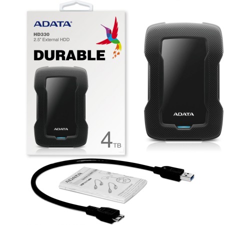 Внешний жесткий диск/ Portable HDD 4TB ADATA HD330 (Black), Silicone, USB 3.2 Gen1, 133x89x23mm, 316g /3 года/