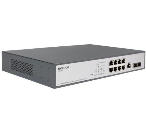 Коммутатор ORIGO Управляемый L2 PoE-коммутатор, 8x1000Base-T PoE, 2x1000Base-X SFP, PoE-бюджет 135 Вт, консольный порт RJ-45, комплект для установки в 19" стойку