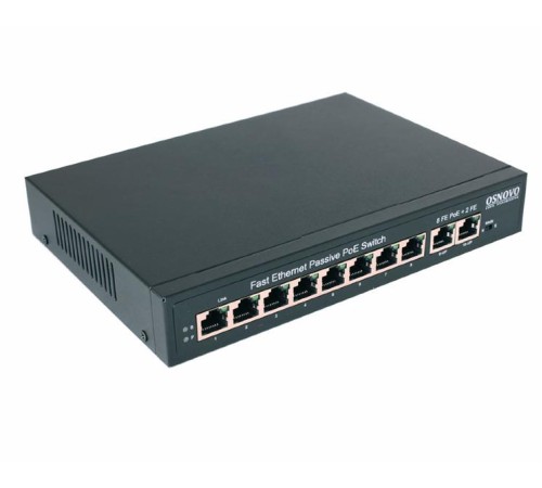 PoE Коммутатор OSNOVO SW-21000/A(120W) Passive PoE коммутатор Fast Ethernet на 10 портов. Порты: 8 х FE (10/100 Base-T, 52V 4,5(+) 7,8(–)) совместимы с PoE (IEEE 802.3af/at), 2 x FE (10/100 Base-T) Uplink. Совместим