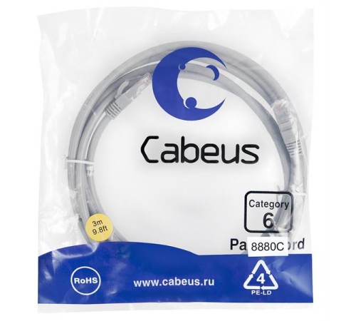 Патч-корд U/UTP, категория 6, 2xRJ45/8p8c, 3м Cabeus PC-UTP-RJ45-Cat.6-3m-LSZH Патч-корд U/UTP, категория 6, 2xRJ45/8p8c, неэкранированный, серый, LSZH, 3м