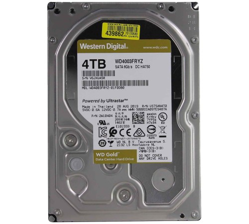 Жесткий диск/ HDD WD SATA3 4Tb Gold 7200 256mb  1 year warranty