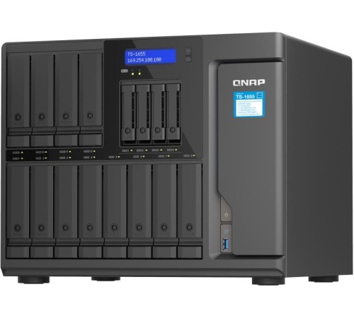 Сетевое хранилище без дисков/ SMB QNAP TS-1655-8G NAS 16-Bay (12x 3.5"/2.5" HDD/SSD bays + 4x 2.5" SSD bays + 2x M.2 2280 SATA slots), Intel Atom C5125 8-core processor, 2.8GHz, 8 GB DDR4 (1 x 8 GB) up to 128 GB (4 x 32 GB), 2x 2.5 GbE BASE Сетевое хранилище без дисков/ SMB QNAP TS-1655-8G NAS 16-Bay (12x 3.5"/2.5" HDD/SSD bays + 4x 2.5" SSD bays + 2x M.2 2280 SATA slots), Intel Atom C5125 8-core processor, 2.8GHz, 8 GB DDR4 (1 x 8 GB) up to 128 GB (4 x 32 GB), 2x 2.5 GbE BASE