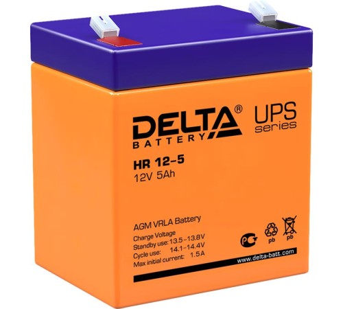 Батарея DELTA серия HR, HR 12-5, напряжение 12В, емкость 5Ач (разряд 20 часов), макс. ток разряда (5 сек.) 75А, макс. ток заряда 1.5А, свинцово-кислотная типа AGM, клеммы F2, ДxШxВ 90х70х101мм., вес 1.8кг., срок службы 8 лет./ Battery DELTA series HR, HR Батарея DELTA серия HR, HR 12-5, напряжение 12В, емкость 5Ач (разряд 20 часов), макс. ток разряда (5 сек.) 75А, макс. ток заряда 1.5А, свинцово-кислотная типа AGM, клеммы F2, ДxШxВ 90х70х101мм., вес 1.8кг., срок службы 8 лет./ Battery DELTA series HR, HR