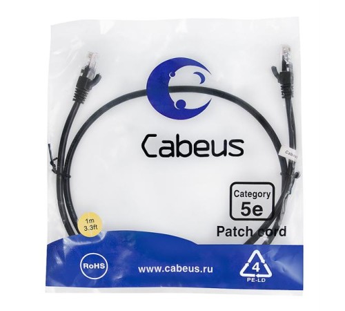 Патч-корд Cabeus PC-UTP-RJ45-Cat.5e-1m-BK Патч-корд U/UTP, категория 5е, 2xRJ45/8p8c, неэкранированный, черный, PVC, 1м