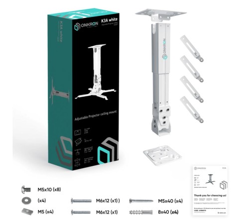 Потолочно-настенный кронштейн для проектора ONKRON K3A белый Потолочно-настенный кронштейн для проектора ONKRON K3A белый