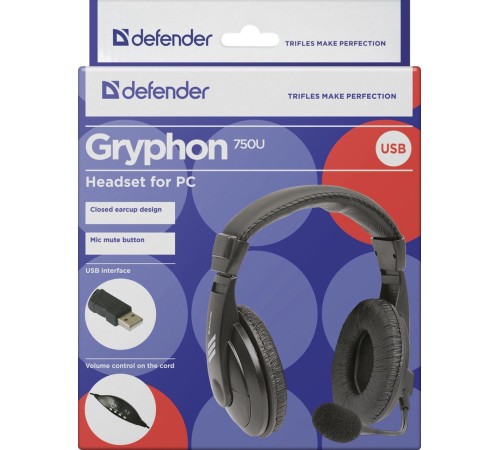 Defender Компьютерная гарнитура Gryphon 750U USB, черный, 1.8м кабель