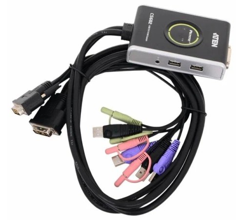2-портовый KVM-переключатель со встроенными KVM кабелями 2х(1,2м), 1 user DVI-D(Female)+ 2хUSB(Тип А(Female)) +2хАудио(Female) <-> 2 cpu DVI-D(Male)+2хUSB(Тип А(Male))+2хАудио(Male), настольный, некаскад., не требуется внешнее питание/ PETITE 2 PORT DVI C