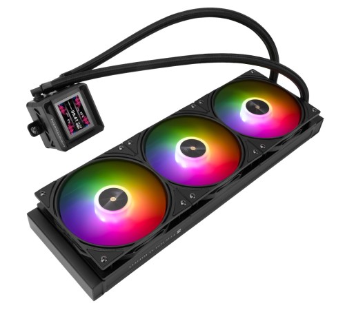 Водяное охлаждение для процессора/ Water Cooling System Thermalright Frozen Warframe SE 360 ARGB Black (360mm, LED temp., Black, ARGB/ Fans: 3x120mm, 70.84CFM, 29.8dBA, 2000RPM/ Pump height 59mm, Rad thickness 27mm/ S: 1851, 1700, 1200, 115X, AM5, AM4) Водяное охлаждение для процессора/ Water Cooling System Thermalright Frozen Warframe SE 360 ARGB Black (360mm, LED temp., Black, ARGB/ Fans: 3x120mm, 70.84CFM, 29.8dBA, 2000RPM/ Pump height 59mm, Rad thickness 27mm/ S: 1851, 1700, 1200, 115X, AM5, AM4)