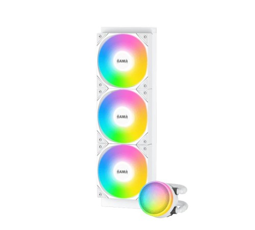 Водяное охлаждение для процессора/ Water Cooling System SAMA L60 White (360mm, White, ARGB/ Fans: 3x120mm, 82.79CFM, 29dBA, 2000RPM/ Pump height 52mm, 29dBA, 2500RPM, Rad thickness 27mm/ S: 1851, 1700, 1200, 20XX, 115X, AM5, AM4)