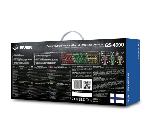Игровой набор клавиатура+мышь+гарнитура+коврик SVEN GS-4300 (104 кл.+12Fn, 8 смен. кл., 200-4800DPI) Игровой набор клавиатура+мышь+гарнитура+коврик SVEN GS-4300 (104 кл.+12Fn, 8 смен. кл., 200-4800DPI)