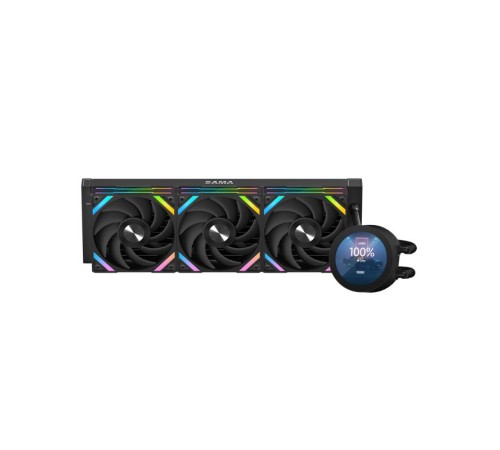 Водяное охлаждение для процессора/ Water Cooling System SAMA Q70 Black (360mm, LED temp., Black, ARGB/ Fans: 3x120mm, 86CFM, 30dBA, 2600RPM/ Pump height 64mm, 30dBA, 2800RPM, Rad thickness 27mm/ S: 1851, 1700, 1200, 20XX, 115X, AM5, AM4)