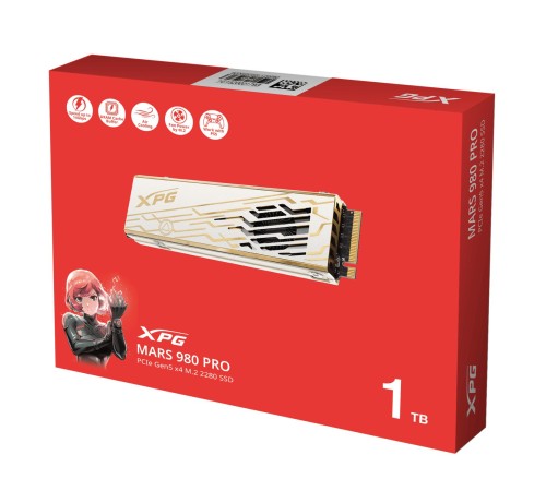 Твердотельный накопитель/ ADATA SSD XPG MARS 980 PRO, 1000GB, M.2(22x80mm), NVMe, PCIe 5.0 x4, 3D NAND, R/W 14000/10000MB/s, IOPs 1 600 000/1 650 000, TBW 740, DWPD 0.4, with Heat Sink (5 лет)