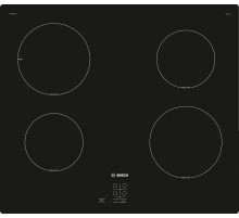 Встраиваемая индукционная панель BOSCH Serie 2, индукционная варочная поверхность, 60см, стеклокерамика, черный, 4 индукционные зоны нагрева, управление TouchSelectBasic, распознавание наличия посуды, функция PowerBoost для левой задней зоны, 1-позиционны